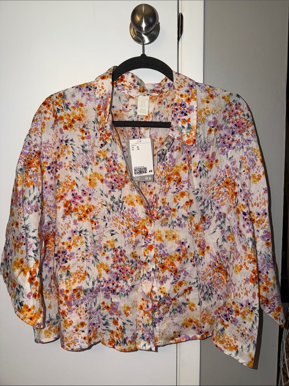 H&M Floral Button-Down Shirt in White, Orange & Purple